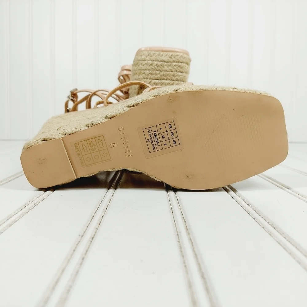 NEW Simmi Fabiana Nude Faux Croc Print Strappy Buckle Wedge Summer Sandals I547